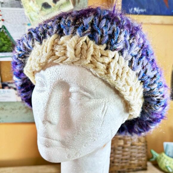 Hand Knit Hat Womens Partridge Studio NC Slouchy Chunky Beret Blues Ivory Tan - Picture 1 of 9